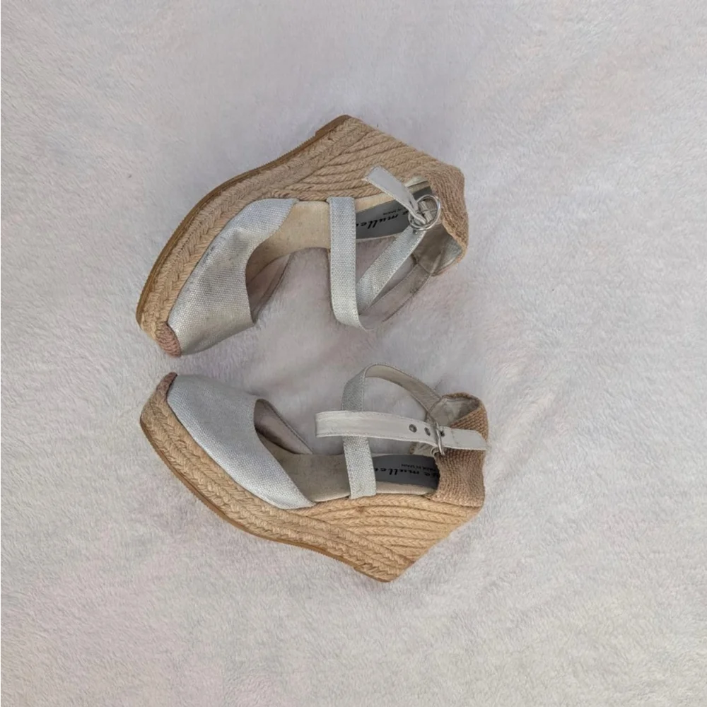 Bettye Muller Silver & Beige Espadrille Wedge Sandals